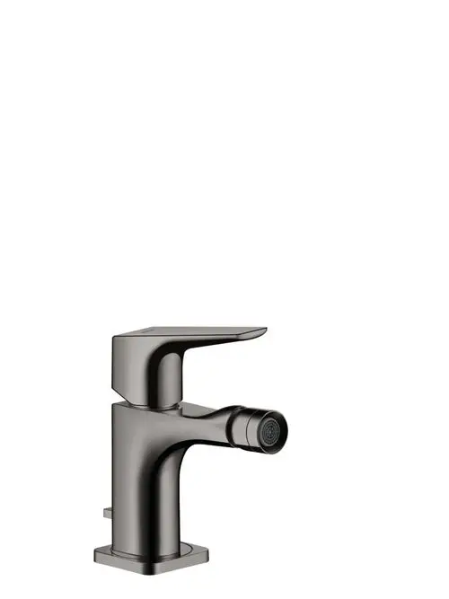Bidetmischer von AXOR mit einem Hebelgriff und einer Zugstangen-Ablaufgarnitur in Polished Black Chrome. Das Design ist modern und funktional.